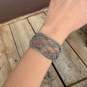 Multi-Strand Silver Tone Woven Cuff Bracelet Liquid Chain Lattice Statement